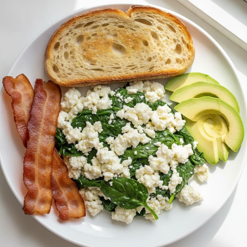 Cottage Cheese Egg White Scramble with Spinach and Turkey Bacon