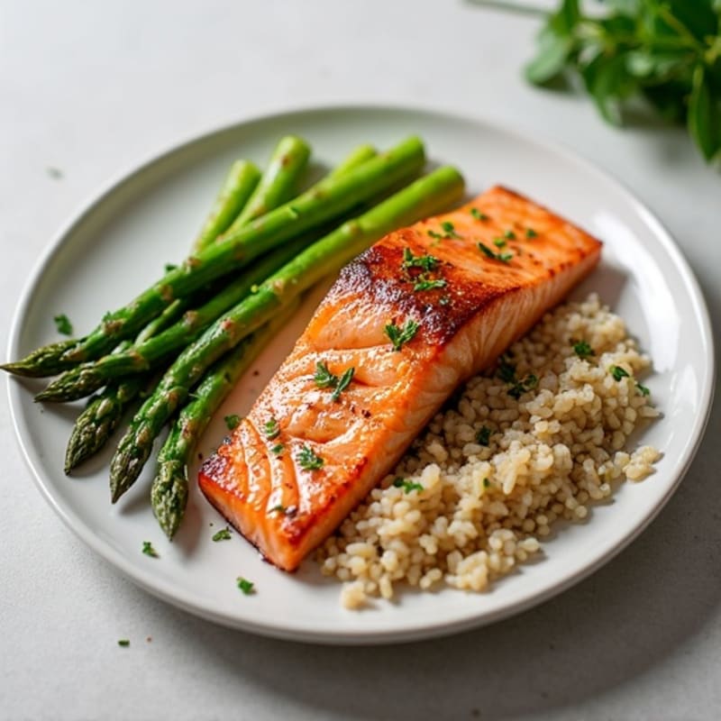Seared Salmon with Steamed Asparagus and Brown Rice
