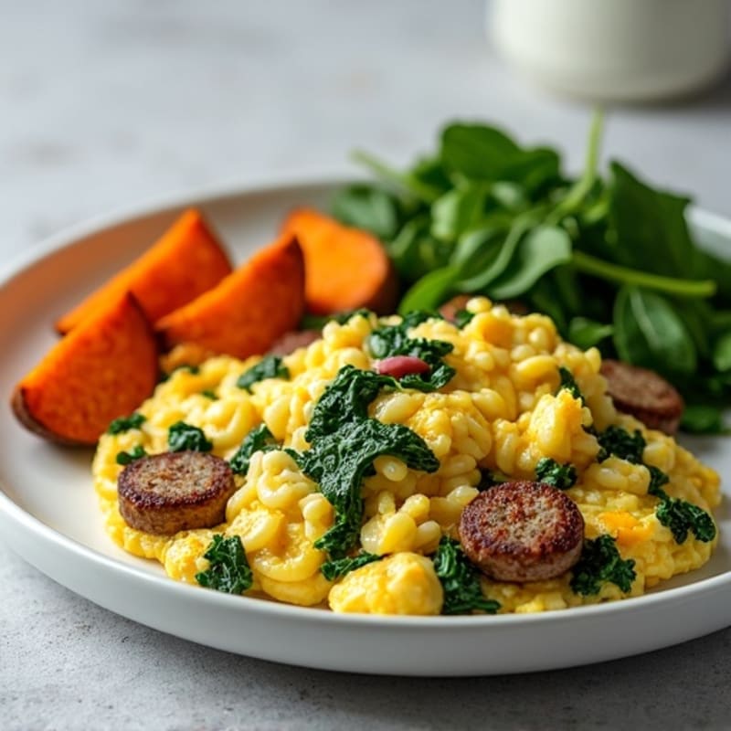 Egg White and Turkey Sausage Scramble with Spinach and Roasted Sweet Potatoes