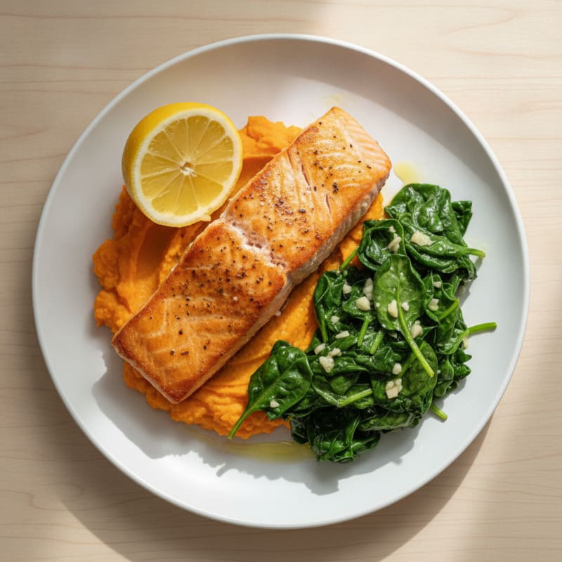 Seared Salmon with Garlic Spinach and Sweet Potato Mash