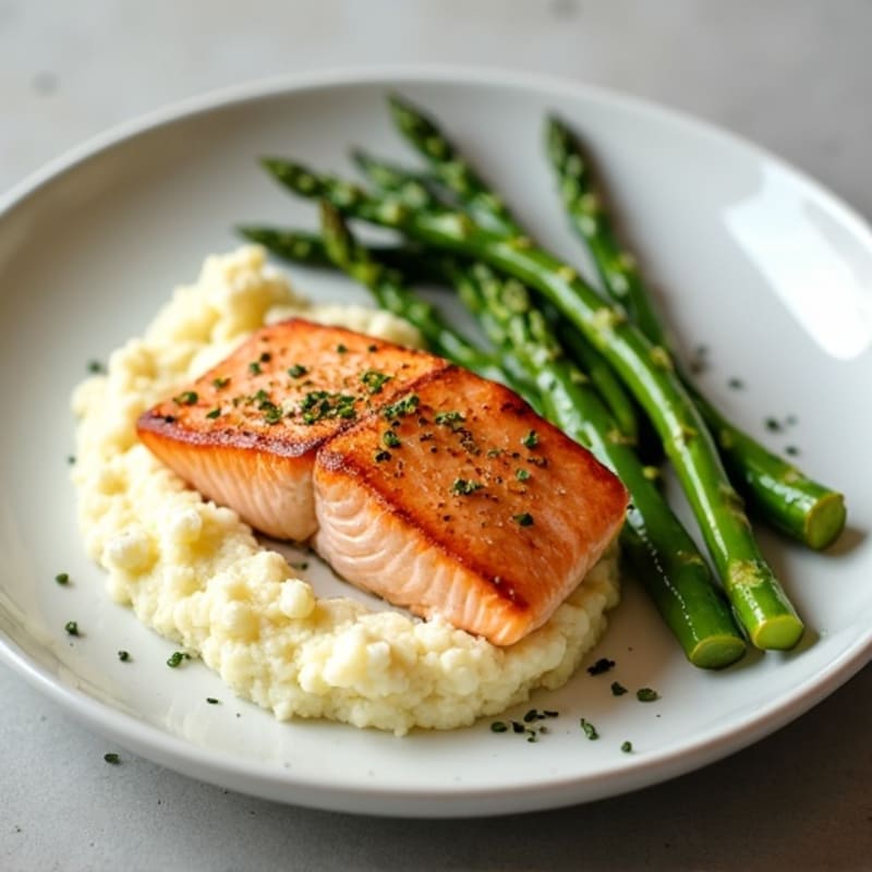 Seared Salmon with Steamed Asparagus and Cauliflower Mash