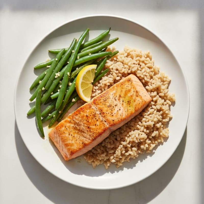 Seared Salmon with Garlic Green Beans and Brown Rice
