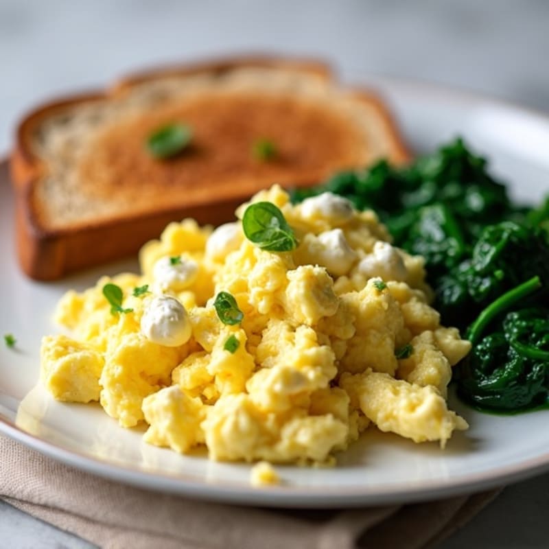 Scrambled Eggs with Cottage Cheese and Sautéed Spinach