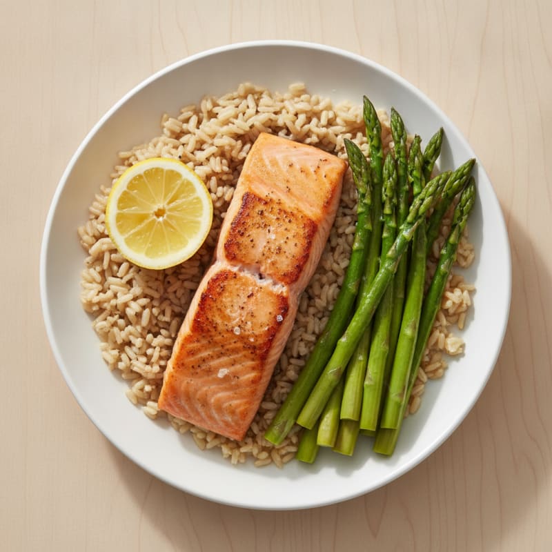 Seared Salmon with Steamed Asparagus and Brown Rice
