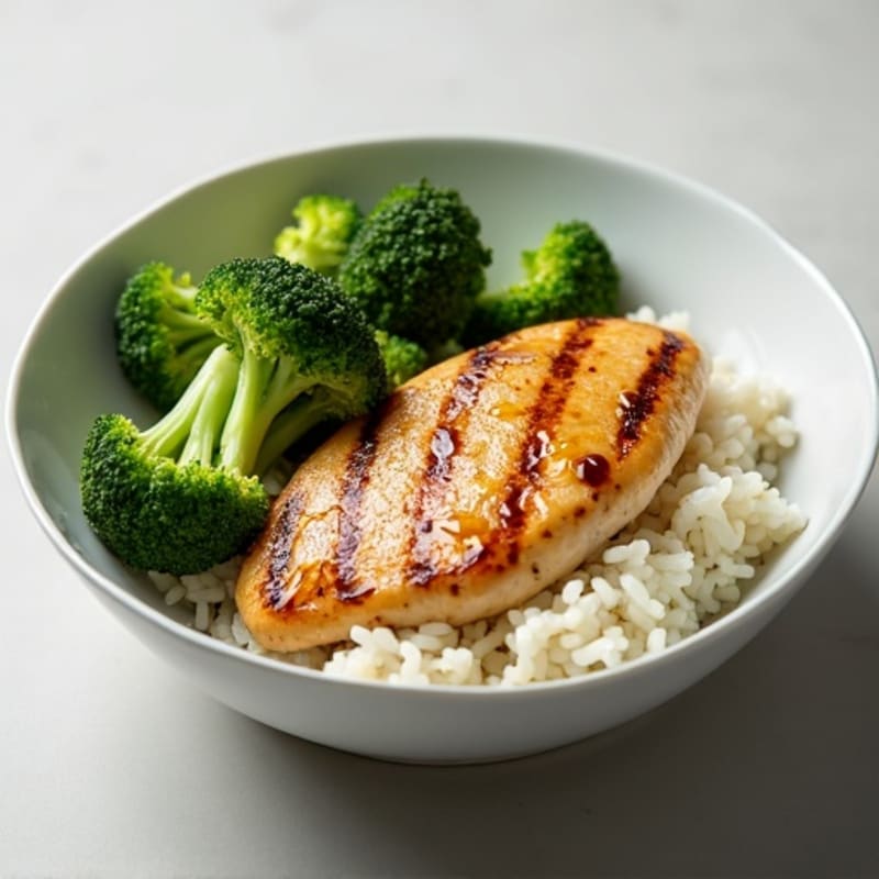 Grilled Chicken Breast with Steamed Rice and Broccoli