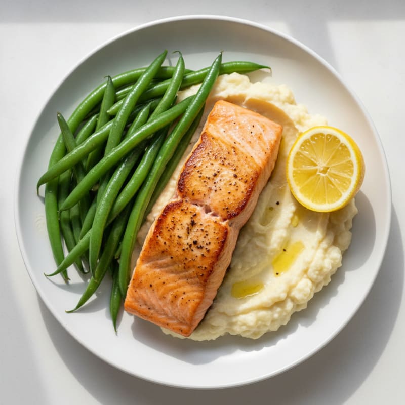 Seared Salmon with Steamed Green Beans and Garlic Mashed Cauliflower