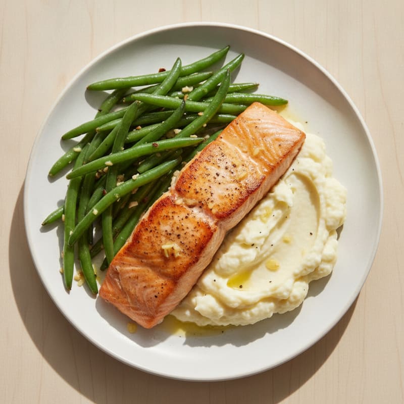 Seared Salmon with Garlic Green Beans and Mashed Cauliflower