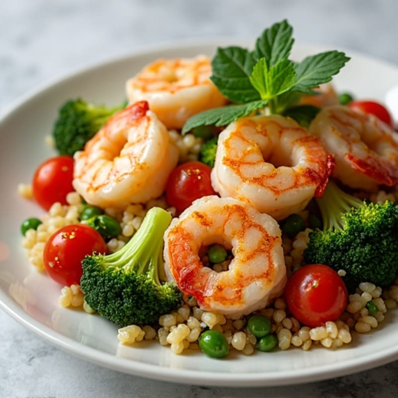 Grilled Shrimp and Quinoa Salad with Roasted Broccoli and Cherry Tomatoes