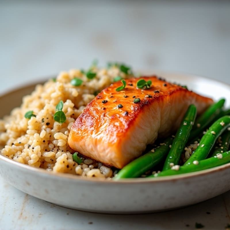 Seared Salmon Fillet with Garlic Green Beans and Brown Rice