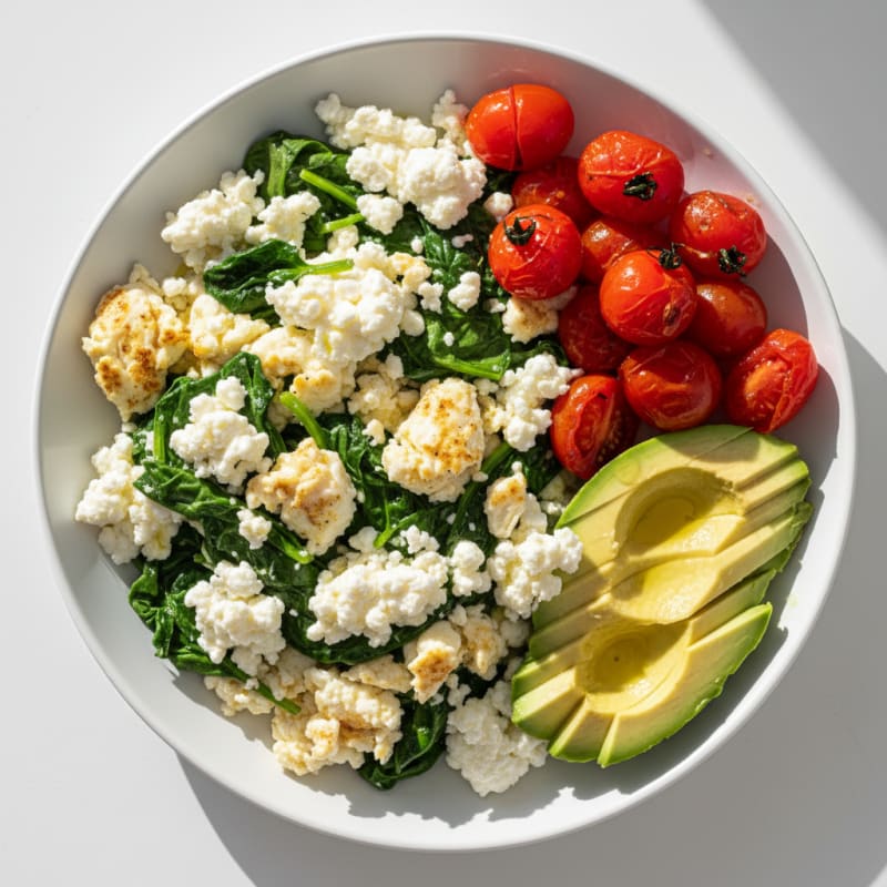 Egg White Spinach Scramble with Cottage Cheese and Cherry Tomatoes