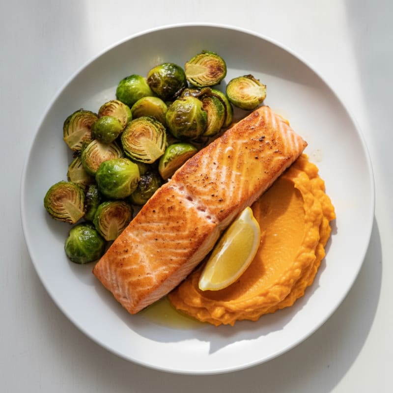 Seared Salmon with Roasted Brussels Sprouts and Sweet Potato Mash