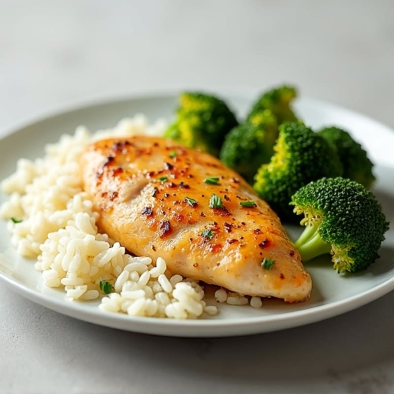 Lemon Garlic Chicken with Fluffy White Rice and Roasted Broccoli