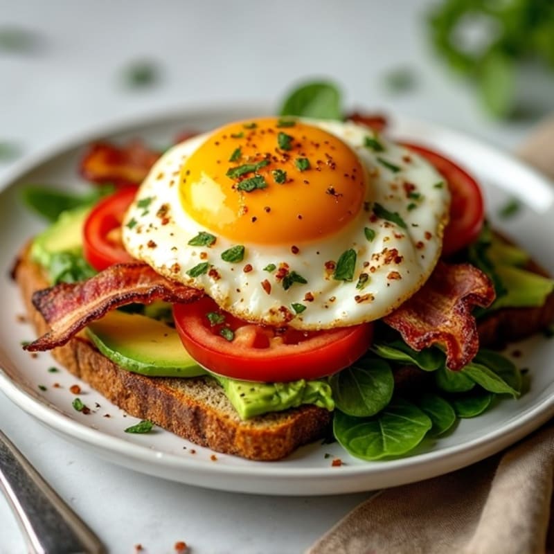 Avocado Toast with Crispy Bacon, Fresh Greens, and Sliced Tomato