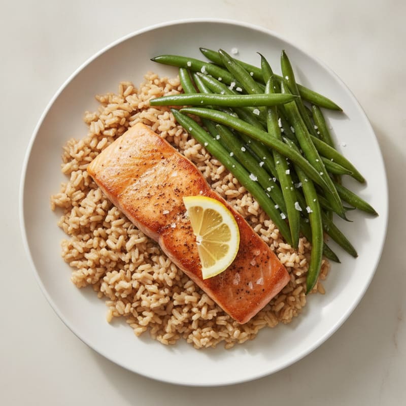 Seared Salmon with Garlic Green Beans and Brown Rice
