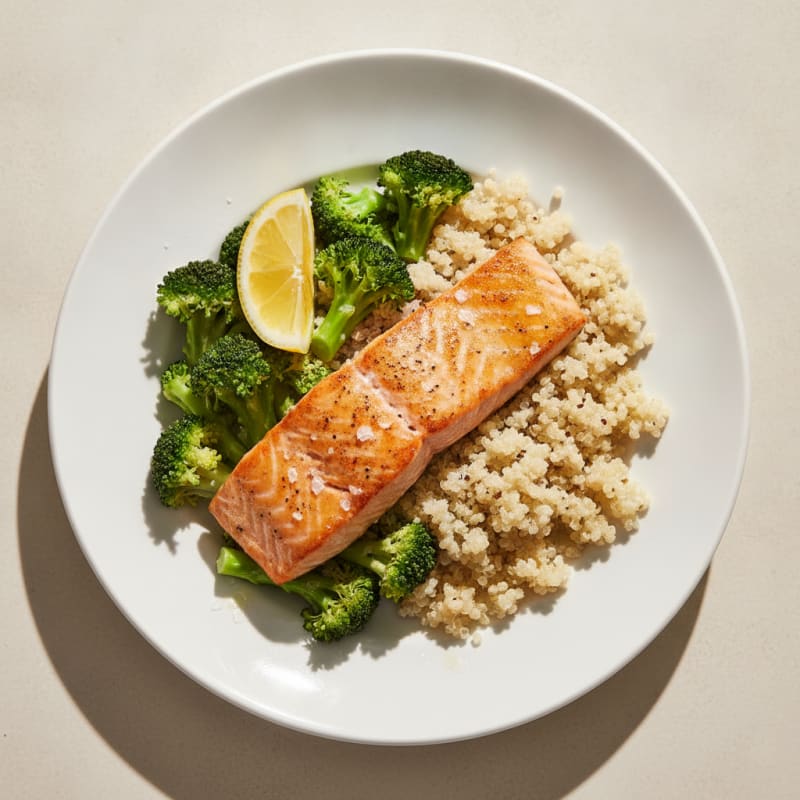 Seared Salmon with Steamed Broccoli and Quinoa