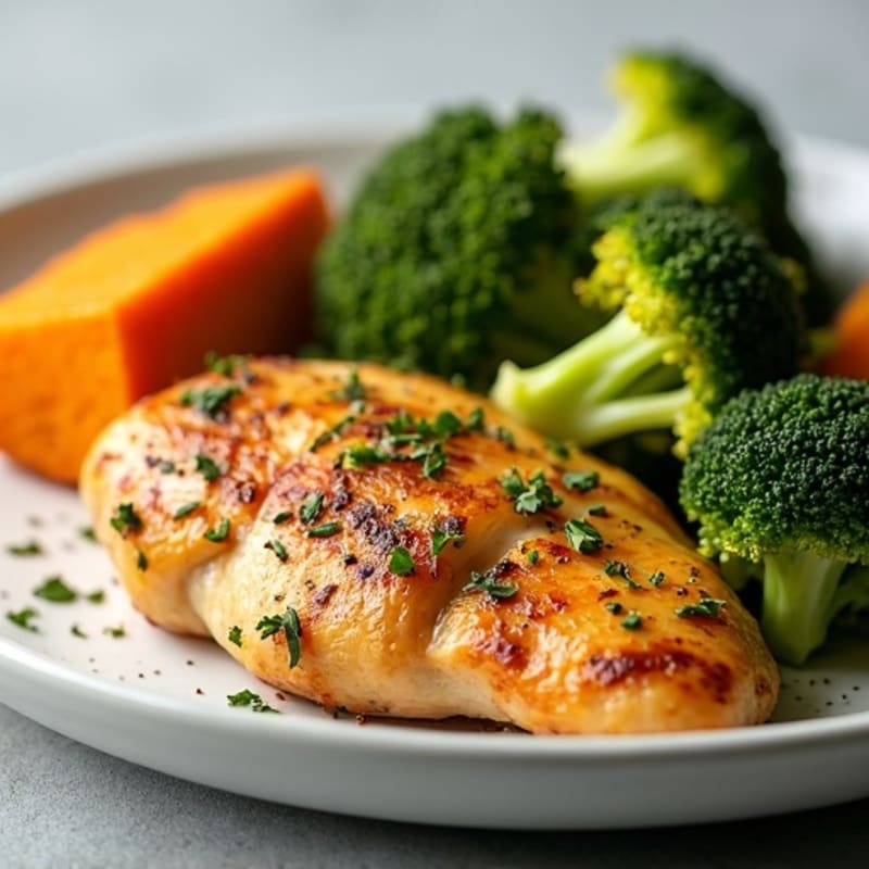 Lemon Herb Roasted Chicken with Sweet Potato and Crispy Broccoli