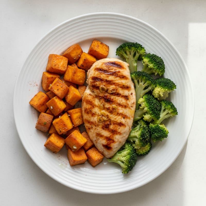 Grilled Chicken Breast with Roasted Sweet Potato and Steamed Broccoli