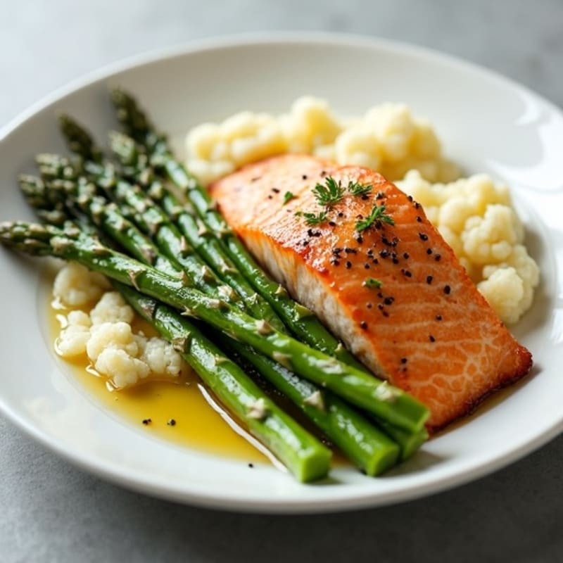 Seared Salmon with Steamed Asparagus and Garlic Mashed Cauliflower