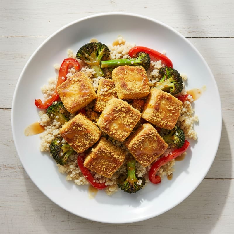 Crispy Tofu Power Bowl with Quinoa and Roasted Vegetables