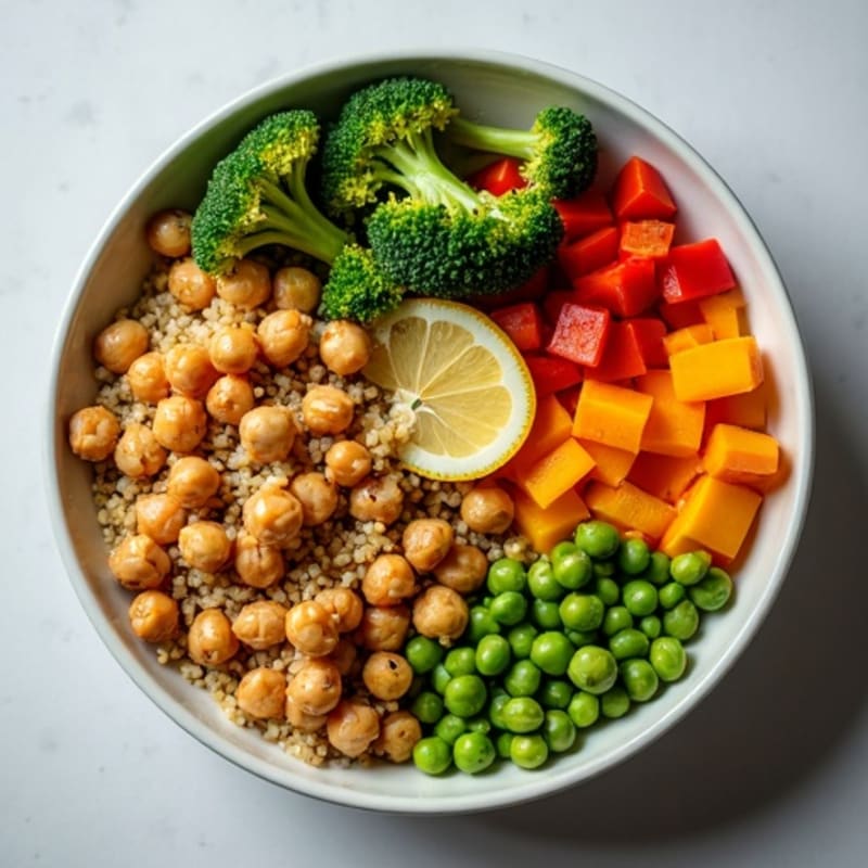Crispy Chickpea and Roasted Vegetable Quinoa Bowl with Creamy Lemon-Tahini Dressing