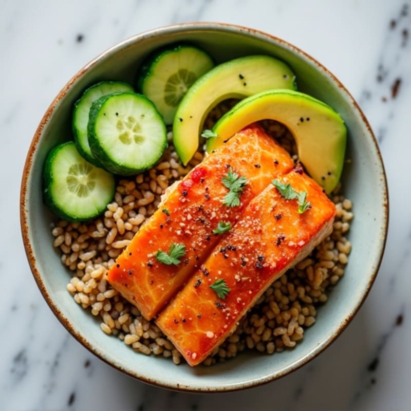 Spicy Salmon and Fresh Avocado Rice Bowl with Crunchy Cucumbers
