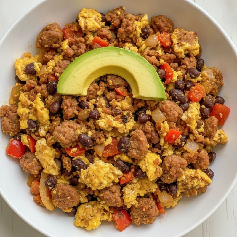 Chorizo Egg Scramble with Black Beans and Sautéed Peppers