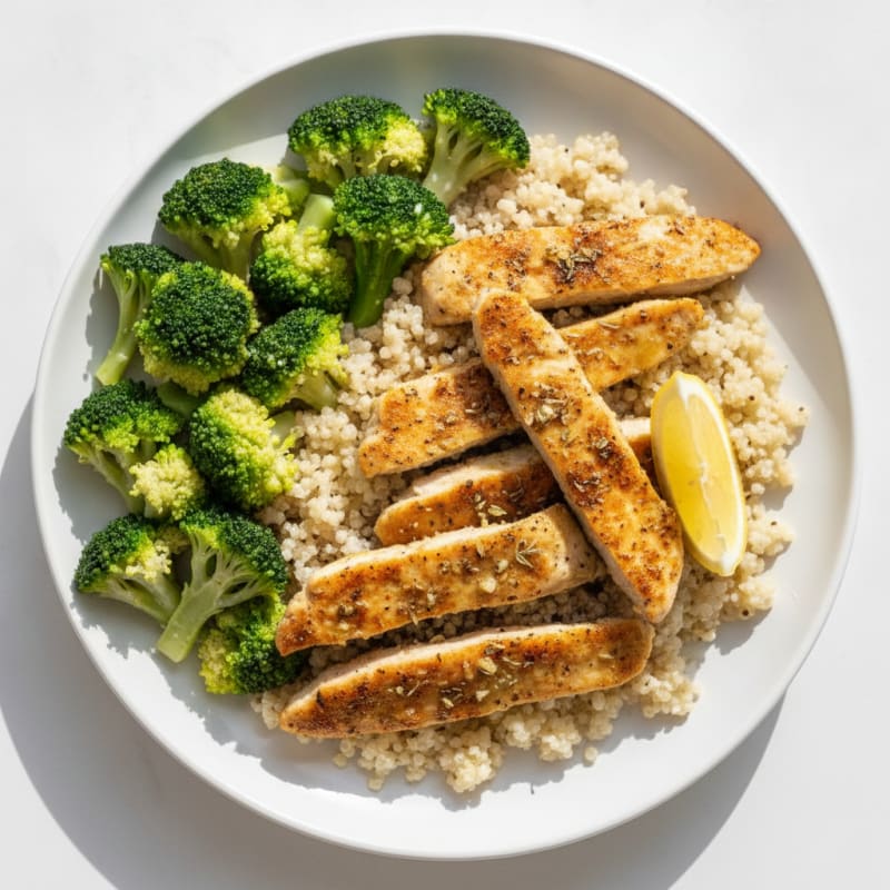 Herb-Roasted Vegetable Chicken with Quinoa and Steamed Broccoli