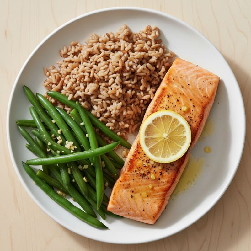 Seared Salmon Fillet with Garlic Green Beans and Brown Rice
