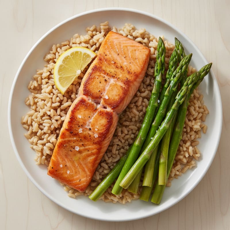 Seared Salmon Fillet with Steamed Asparagus and Brown Rice