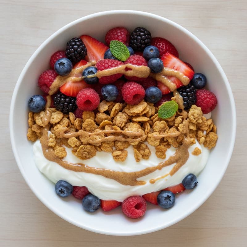 Greek Yogurt Parfait with Mixed Berries and High-Protein Cereal