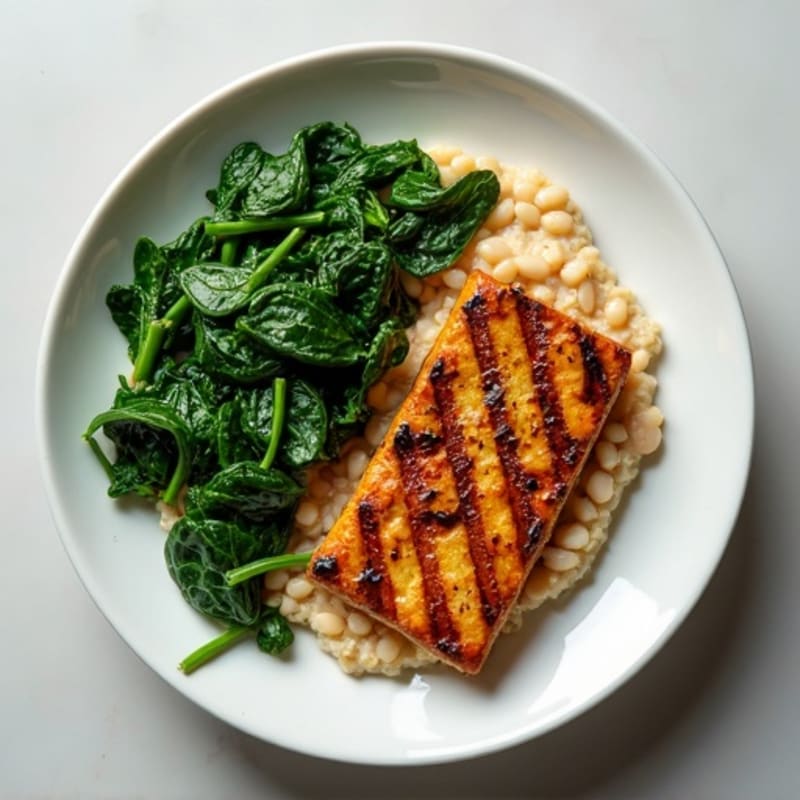 Grilled Tempeh with Sautéed Spinach and White Bean Mash
