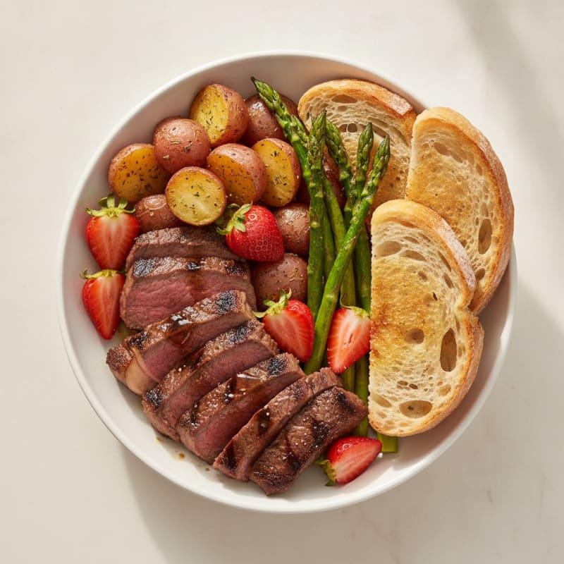 Grilled Steak and Roasted Potato Bowl with Fresh Veggies