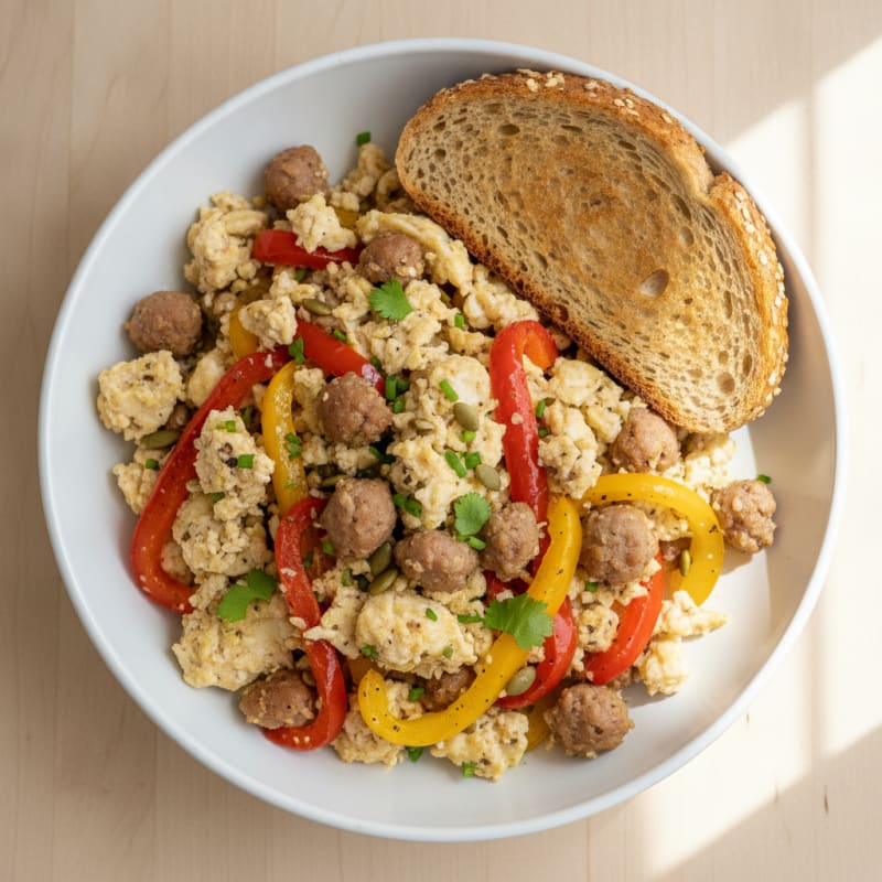 Egg White and Chicken Sausage Scramble with Roasted Peppers