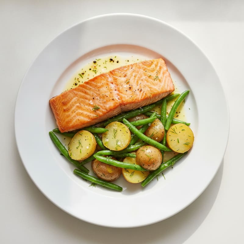 Saumon Rôti, Pommes de Terre Froides et Haricots Verts