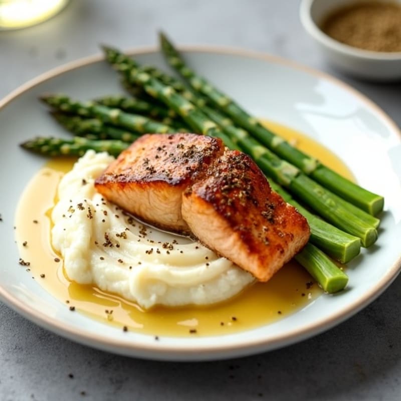 Seared Salmon with Steamed Asparagus and Cauliflower Mash