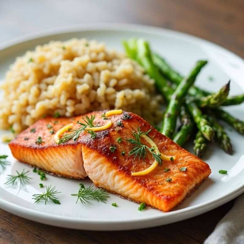 Crispy Pan-Seared Salmon with Lemon-Herb Brown Rice and Roasted Asparagus