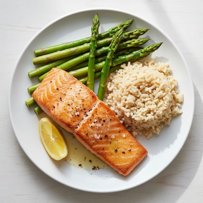 Seared Salmon with Steamed Asparagus and Brown Rice