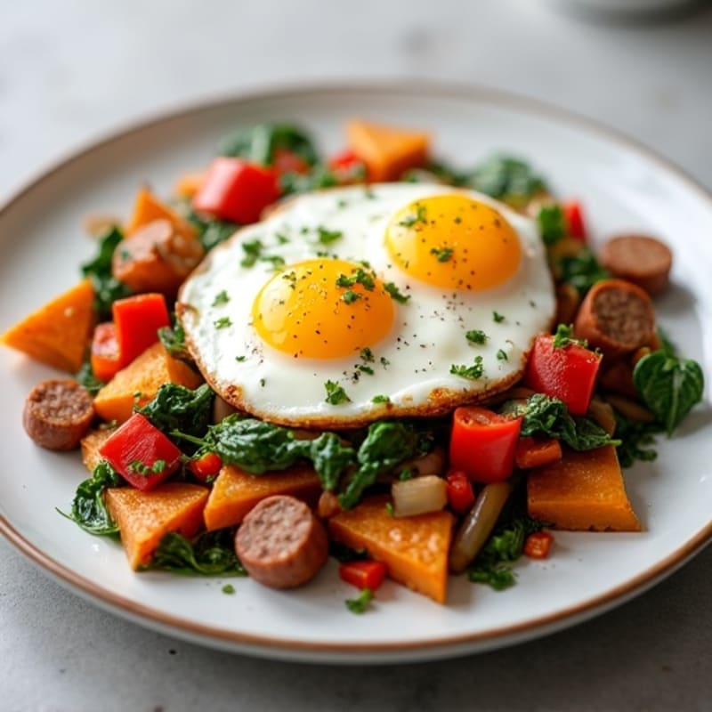 Sweet Potato and Turkey Sausage Hash with Baked Eggs