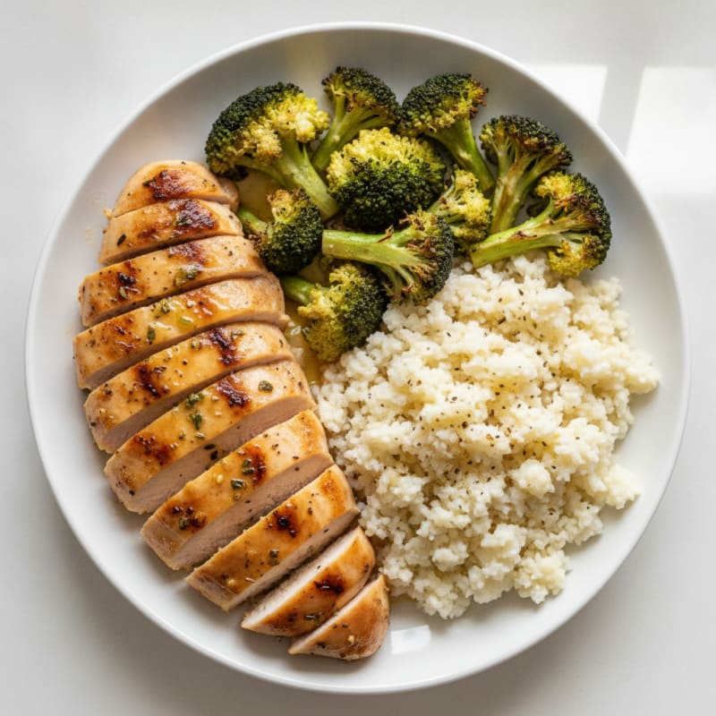 Grilled Chicken Breast with Roasted Broccoli and Cauliflower Rice