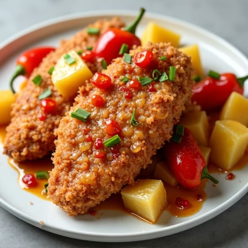 Crispy Sweet and Sour Chicken with Roasted Pineapple and Bell Peppers