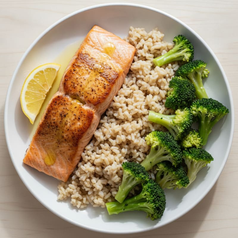 Seared Salmon with Steamed Broccoli and Brown Rice