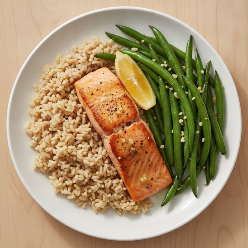 Seared Salmon with Garlic Green Beans and Brown Rice