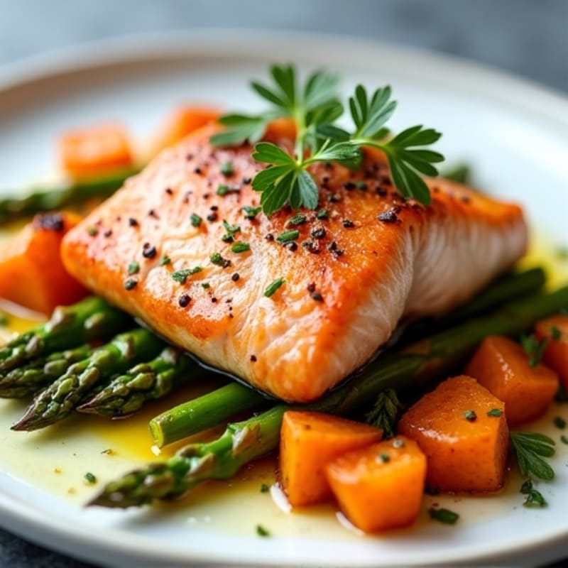 Seared Salmon with Roasted Sweet Potato and Asparagus