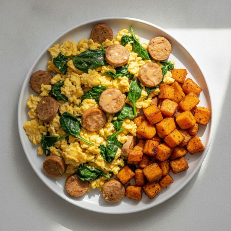 Chicken Sausage and Spinach Egg Scramble with Roasted Sweet Potatoes