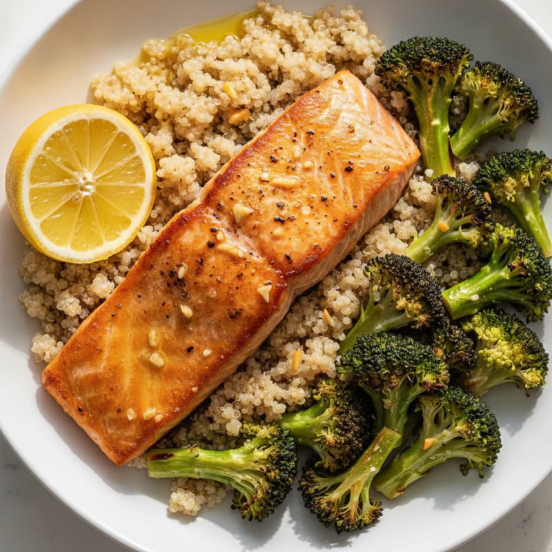 Seared Salmon with Roasted Broccoli and Quinoa