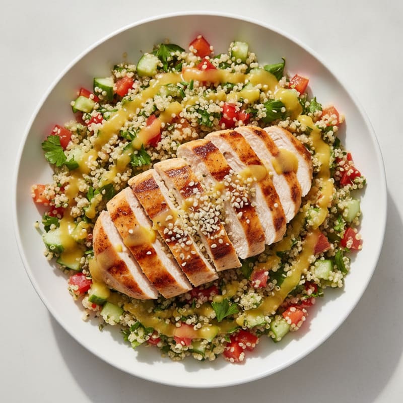 Grilled Chicken Breast with Crunchy Quinoa Salad and Lemon Vinaigrette
