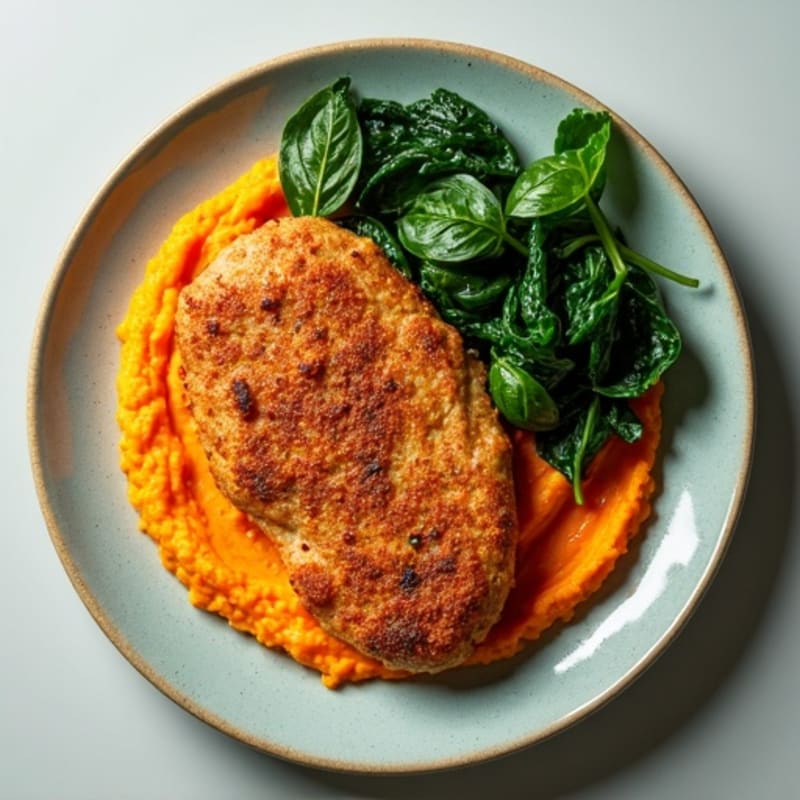 Crispy Chicken with Creamy Sweet Potato Mash and Sautéed Greens