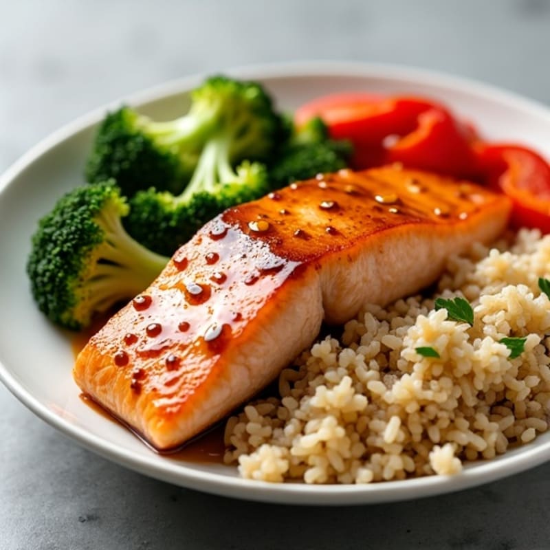 Fresh Sesame Ginger Salmon with Brown Rice and Crunchy Vegetables