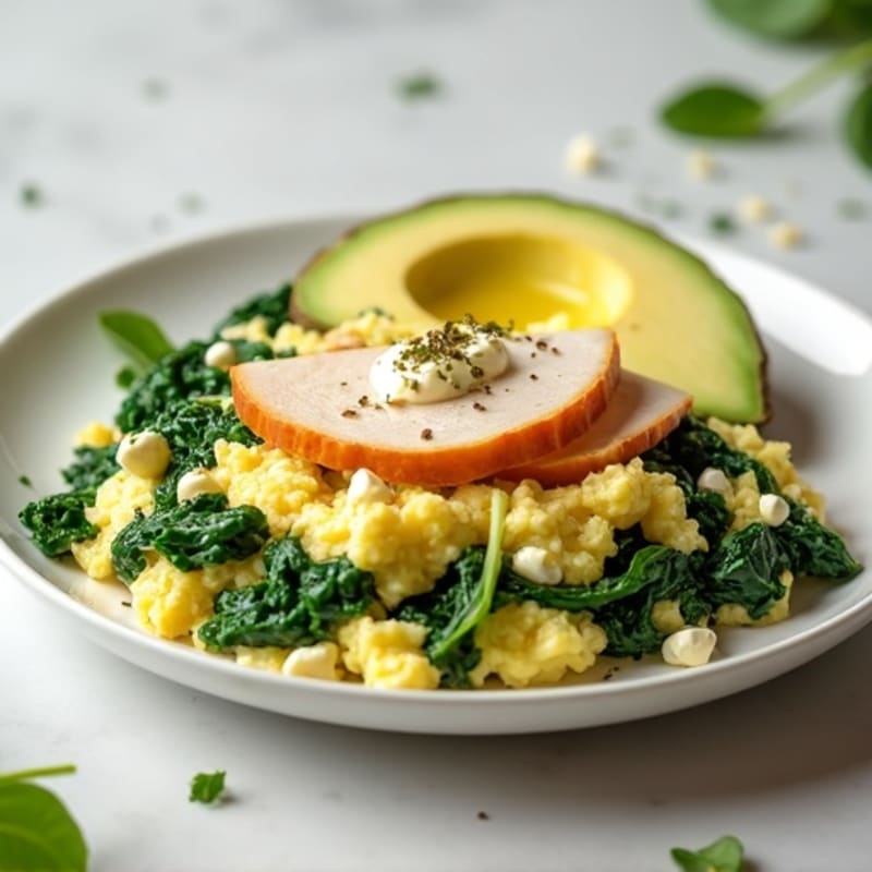 Egg White Spinach Scramble with Cottage Cheese and Sliced Turkey