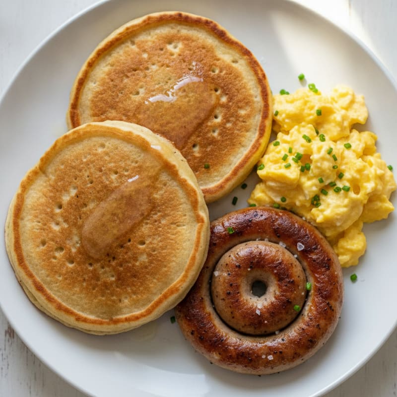 Turkey Sausage Protein Pancakes with Eggs
